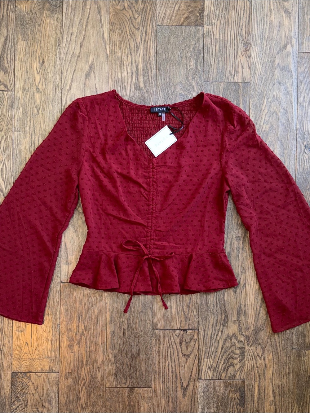 1. State Wine Textured Peplum Tie-Waist Blouse NWT